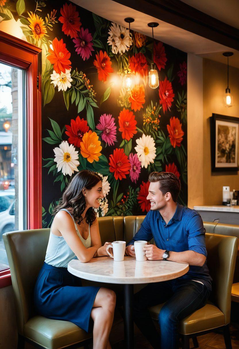A cozy scene depicting an inviting cafe with a couple sharing an intimate conversation over coffee, surrounded by soft lighting and romantic decor. On the wall, a beautiful mural illustrates different stages of love, from first dates to soulmate connections. The atmosphere is warm and inviting, enhancing the themes of intimacy and passion. super-realistic. vibrant colors. warm lighting.