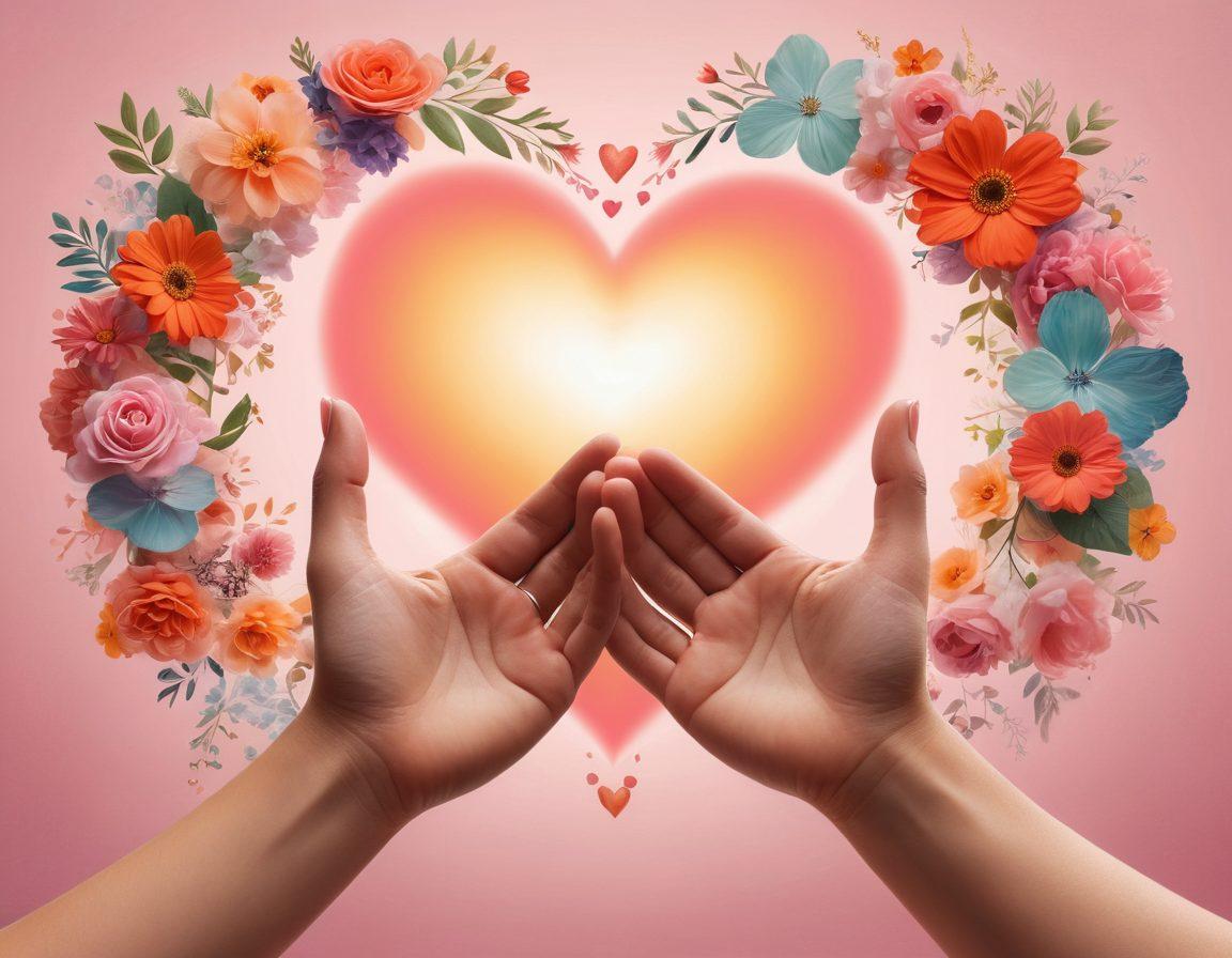 A warm, cozy scene depicting two hands gently intertwined, surrounded by floating hearts and colorful speech bubbles containing words of affirmation and love languages. Soft pastel colors create an inviting atmosphere, with a subtle floral background symbolizing growth and connection. A glowing light above enhances the romantic feel, conveying warmth and intimacy. super-realistic. vibrant colors. soft textures.
