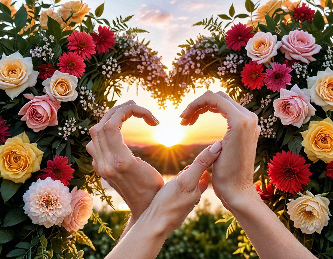 A pair of intertwined hands forming a heart shape, surrounded by blooming flowers and soft glowing light. In the background, a serene sunset symbolizes warmth and connection. Include subtle heart motifs and a gentle color palette to evoke affection and intimacy. super-realistic. soft lighting. vibrant colors.